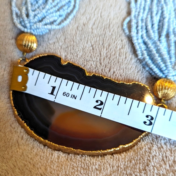 Gold edged brown Agathe slice / light blue bead necklace - Picture 2 of 5